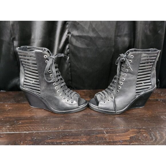 BCBGMaxazria Malbon Black Leather Curt-out Wedge Booties/Sz. 7.5M - Picture 4 of 10